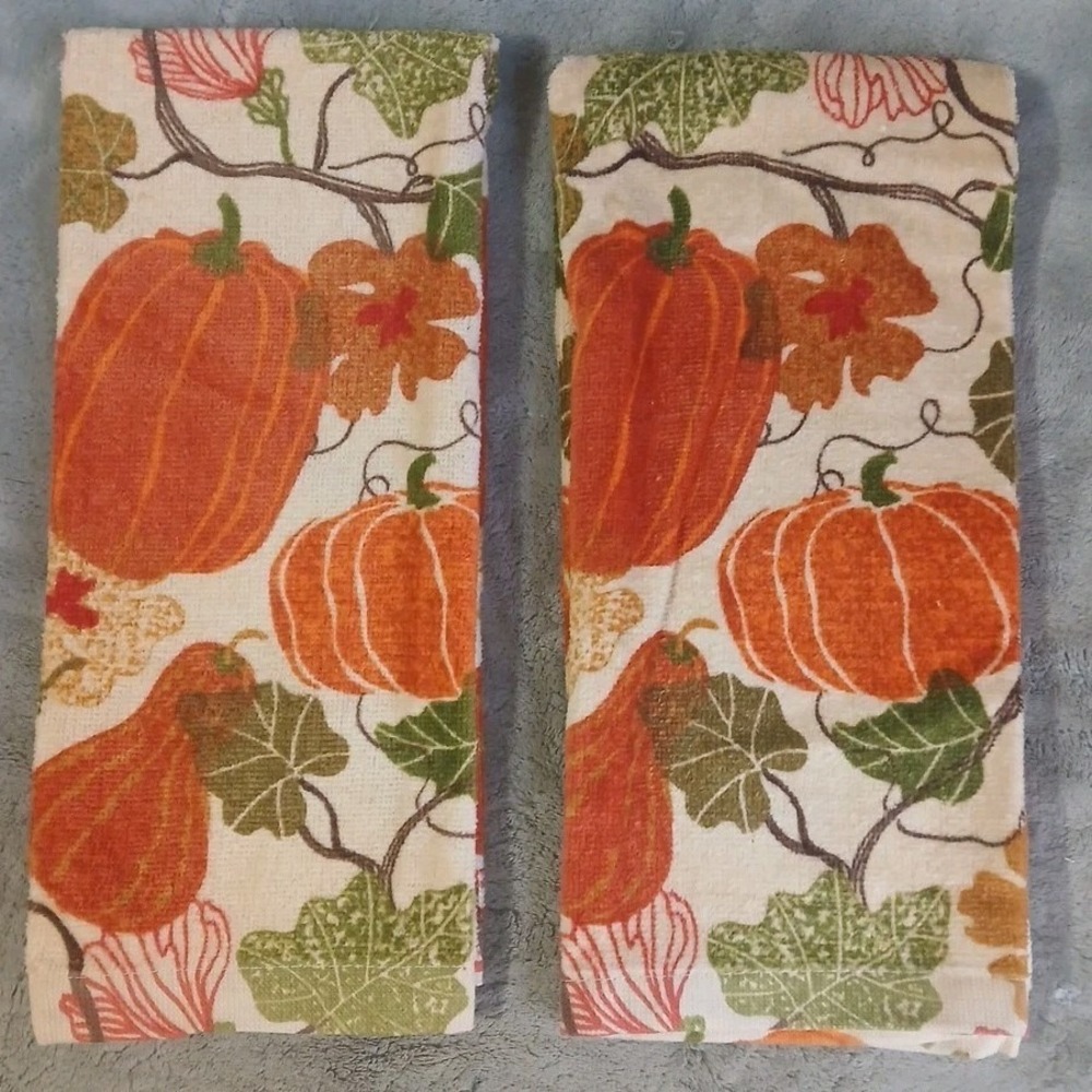 Fall Kitchen Dish Towels 2 Pc Autumn Pumpkin Squash Vines 100%‎ Cotton 26"x15"